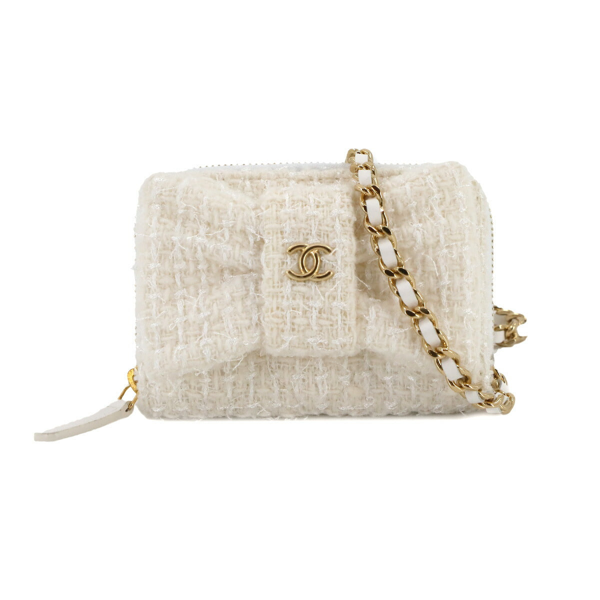 Chain Mini Wallet Coin Case Tweed Leather White