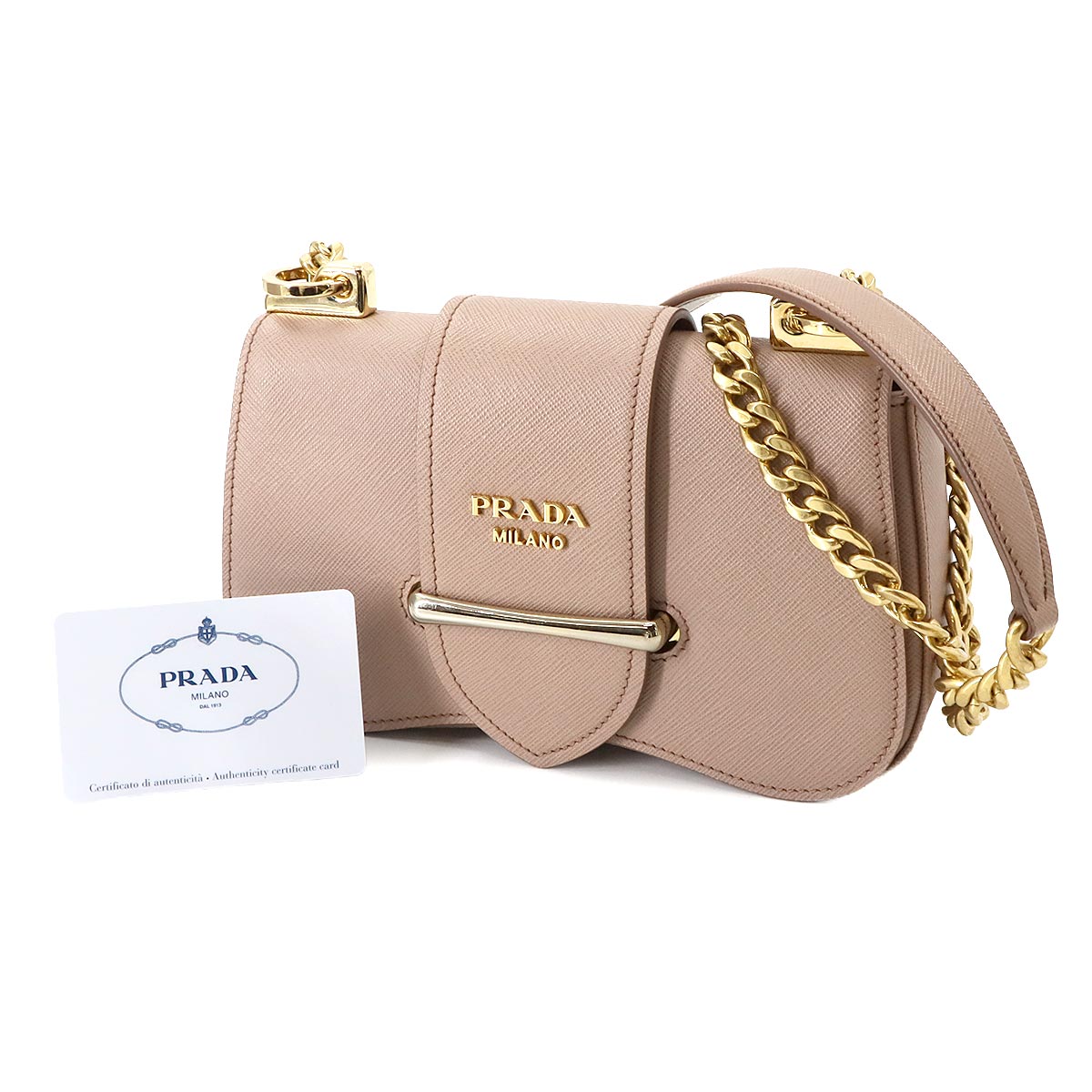 Sidonie Chain Shoulder Bag Saffiano Leather Beige 1BD219