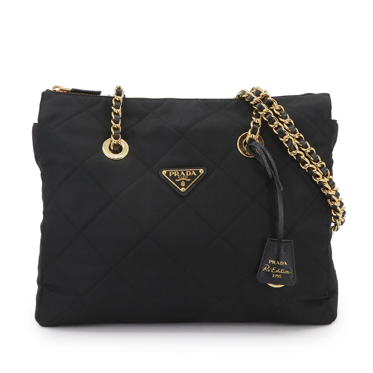 Nylon Chain Tote Bag Nylon Saffiano leather Black 1BG529 Quilted