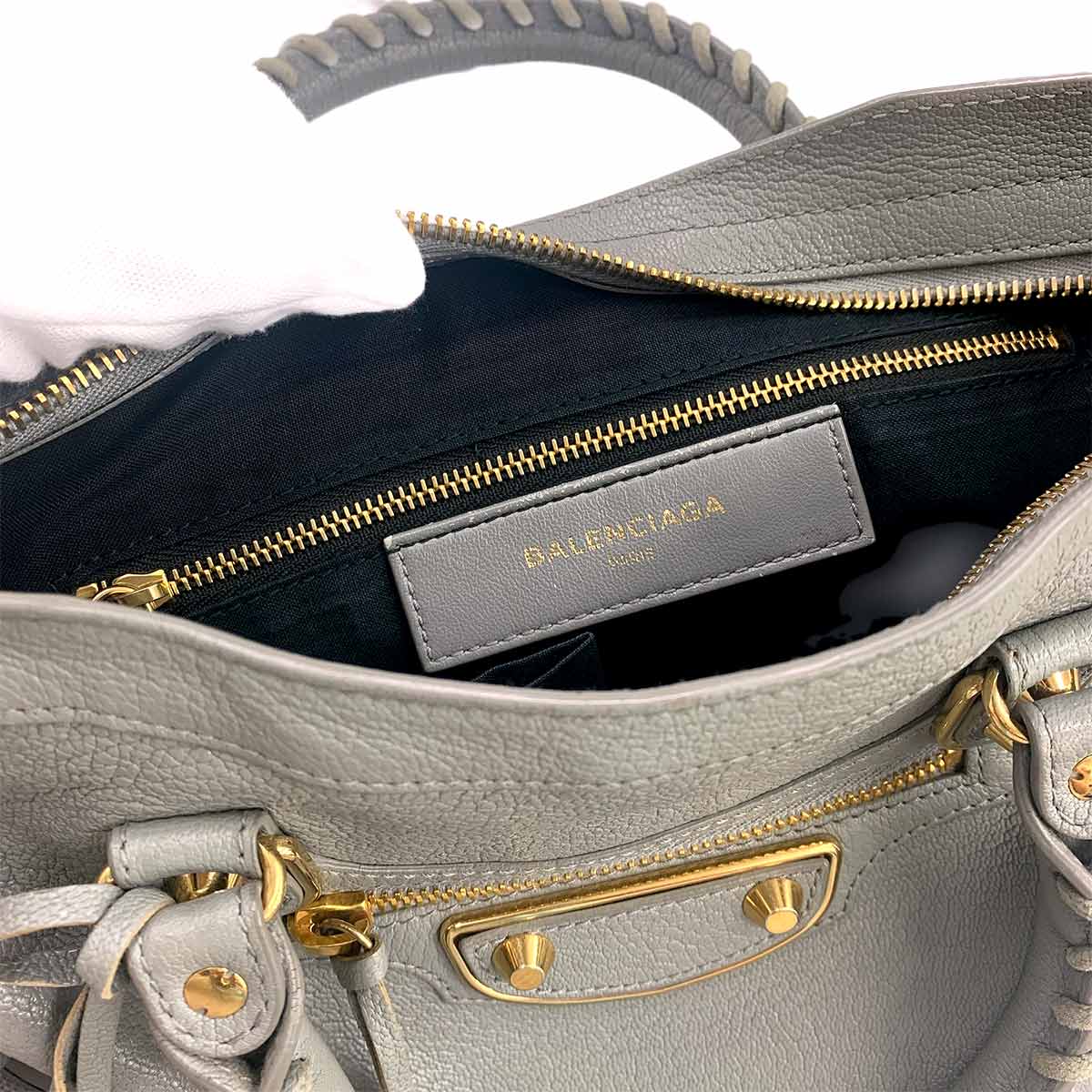 Metallic Edge City Hand Shoulder Bag Leather Gray 432831