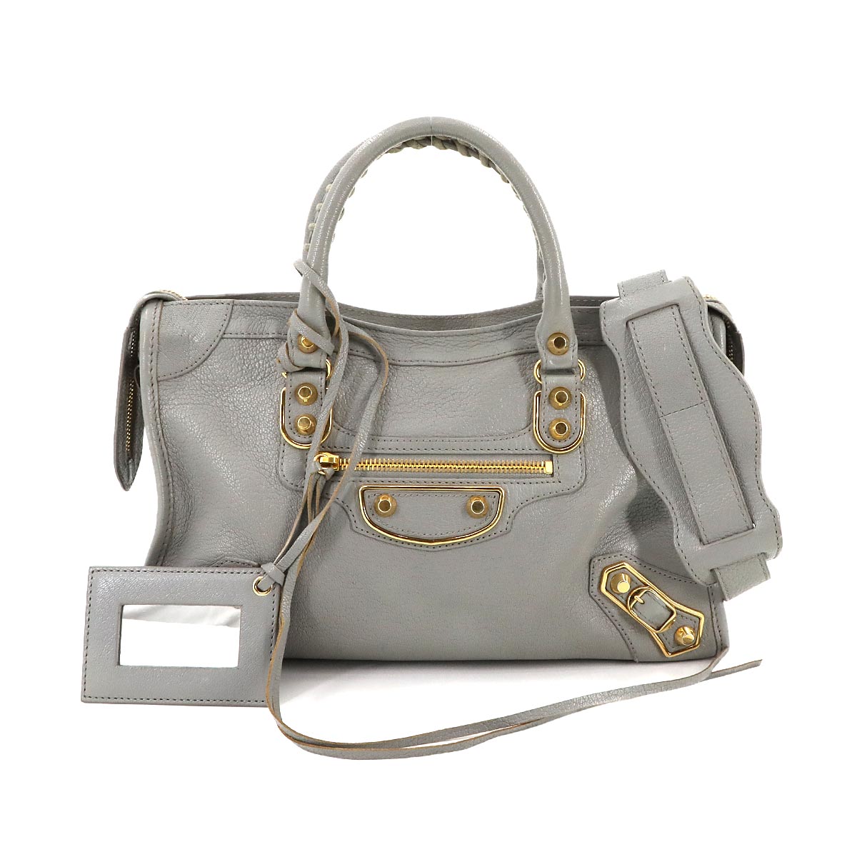 Metallic Edge City Hand Shoulder Bag Leather Gray 432831