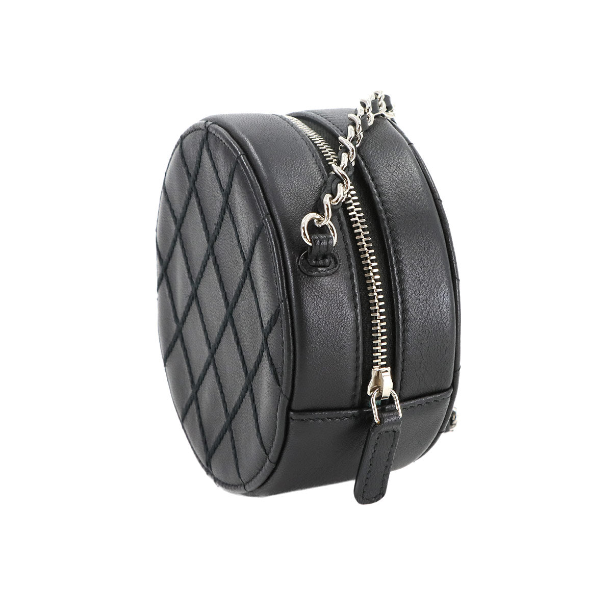 Matelasse Chain Shoulder Bag Leather Black Round AP1126 Purse