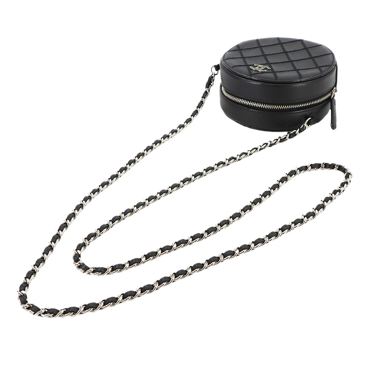 Matelasse Chain Shoulder Bag Leather Black Round AP1126 Purse
