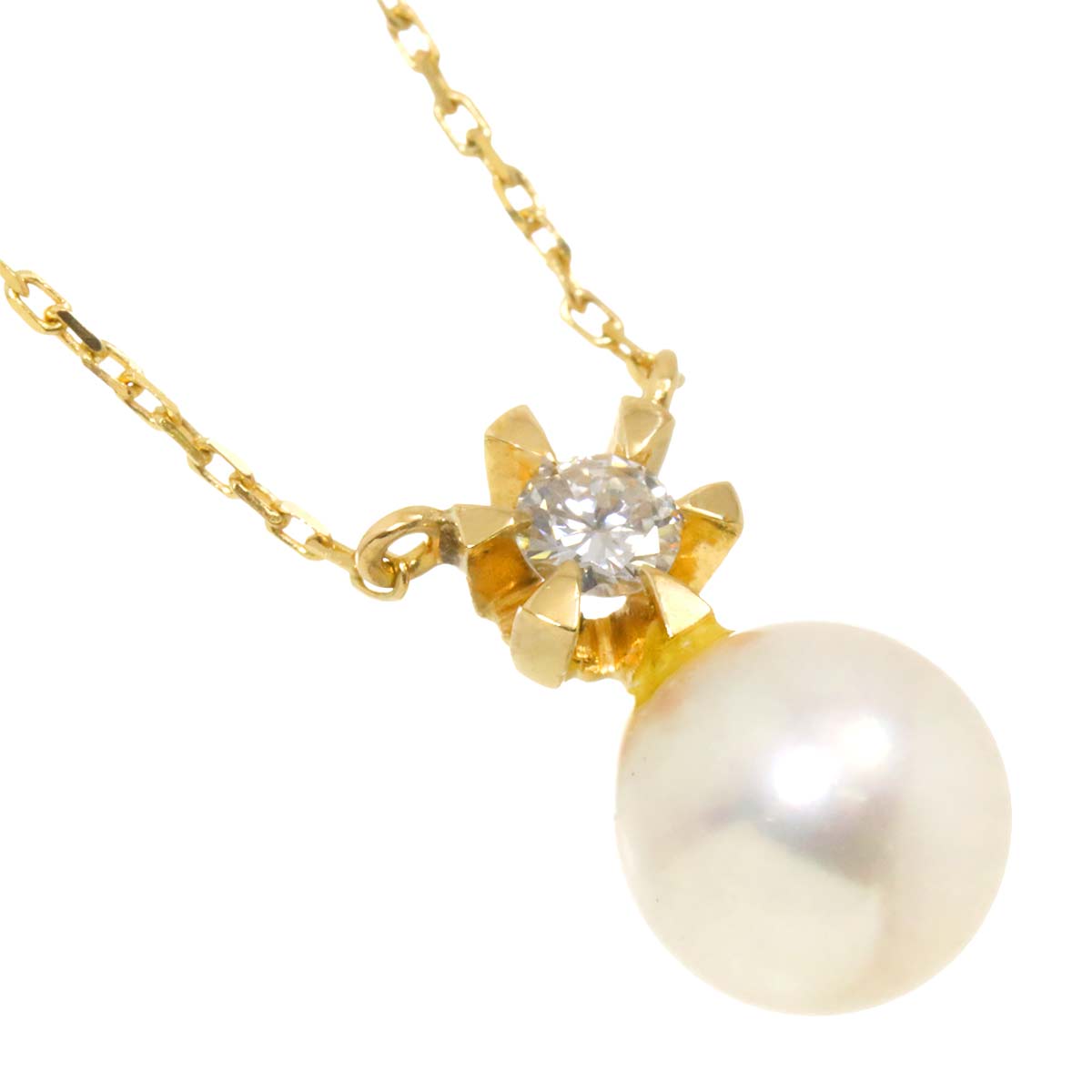 Akoya Pearl 6.5mm Diamond Necklace 18K K18 YG Yellow Gold 750