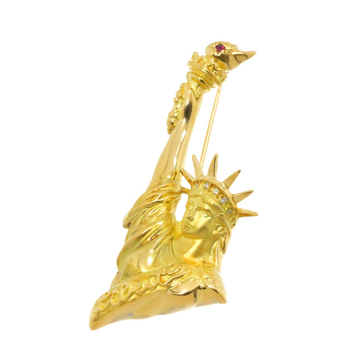 Diamond 0.03ct Ruby 0.03ct Brooch 18K YG Yellow Gold 750