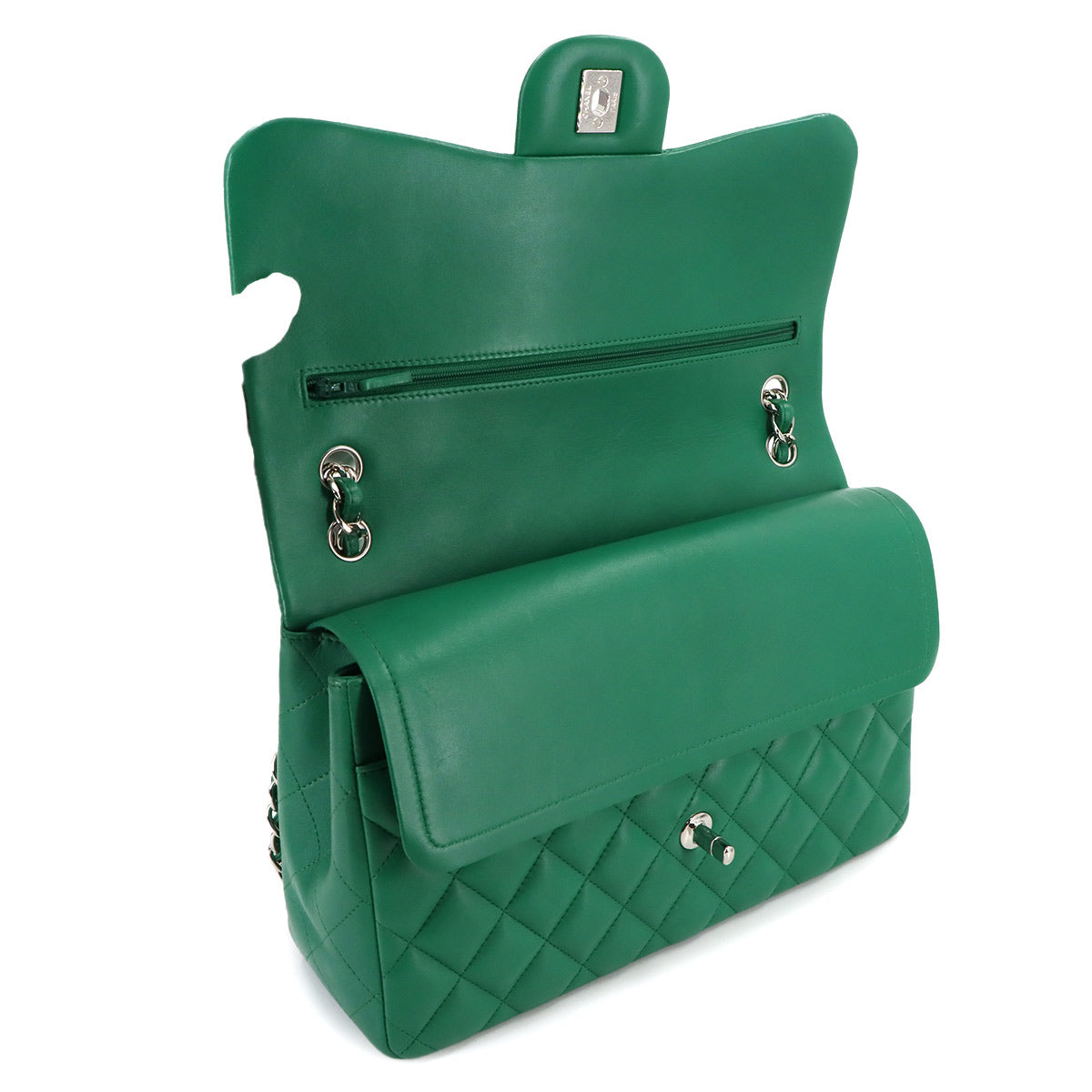 Jumbo Classic Double Flap Chain Bag 30cm Leather Green
