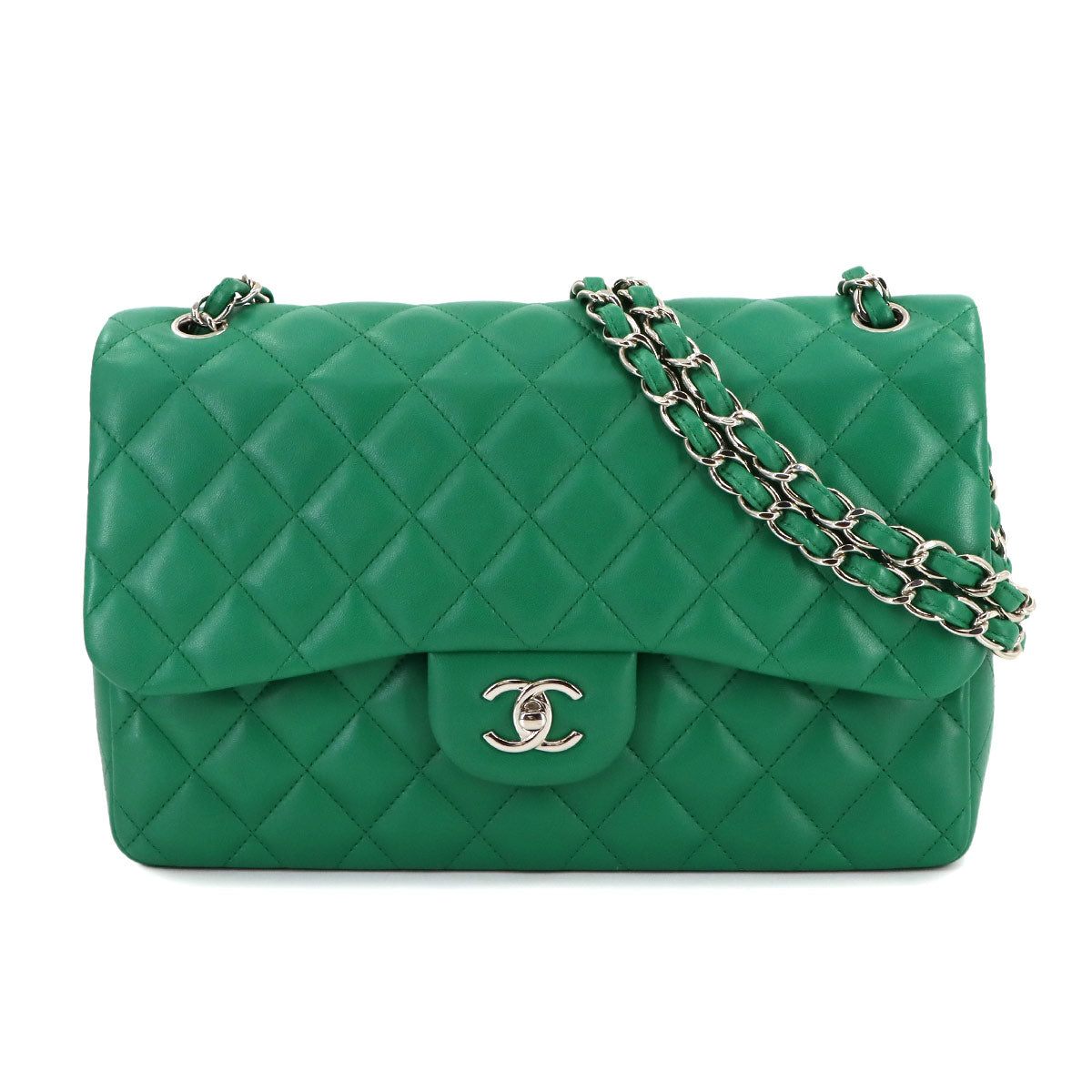 Jumbo Classic Double Flap Chain Bag 30cm Leather Green