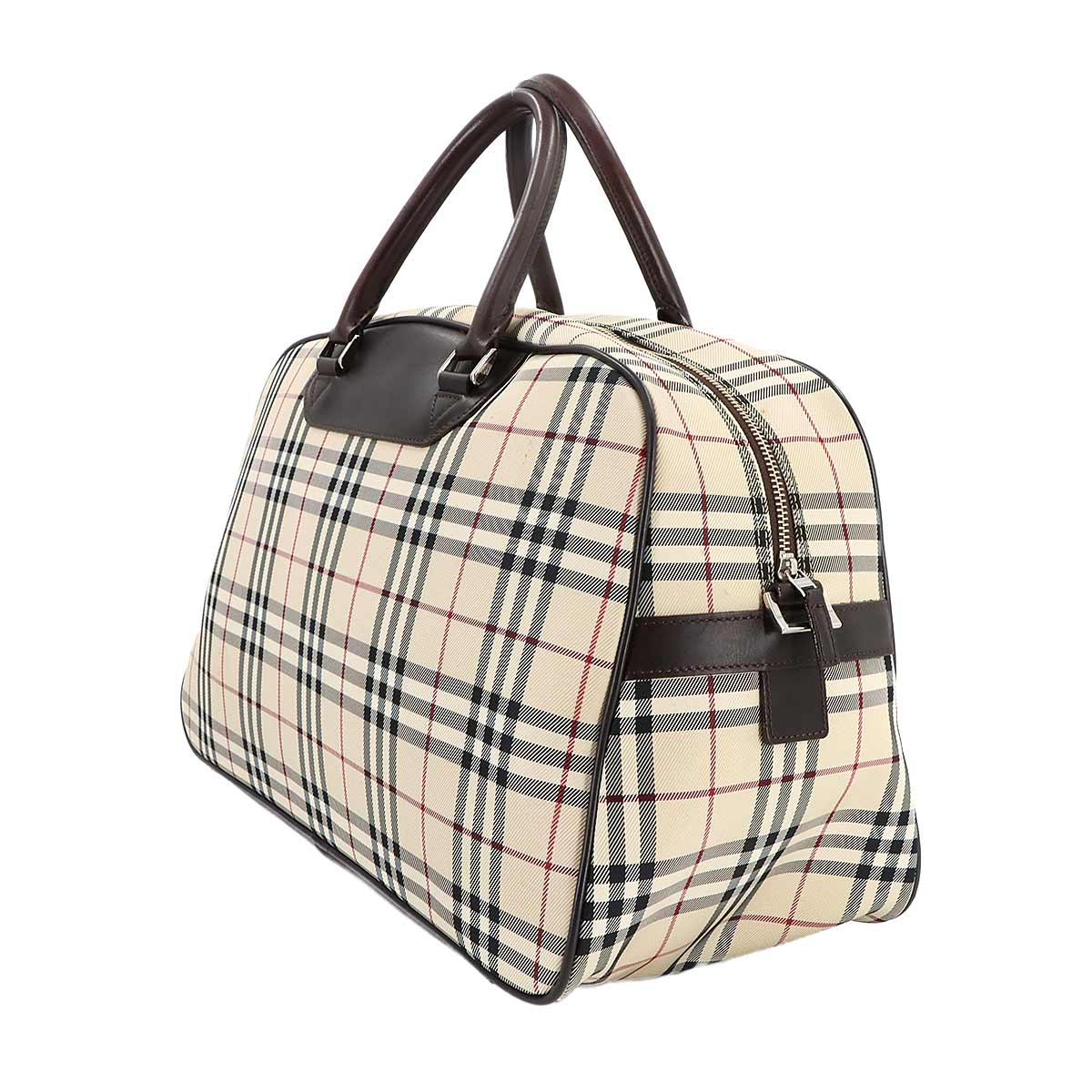 Plaid Boston Shoulder Bag Canvas Leather Beige Brown