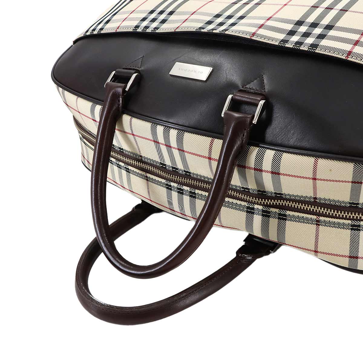 Plaid Boston Shoulder Bag Canvas Leather Beige Brown