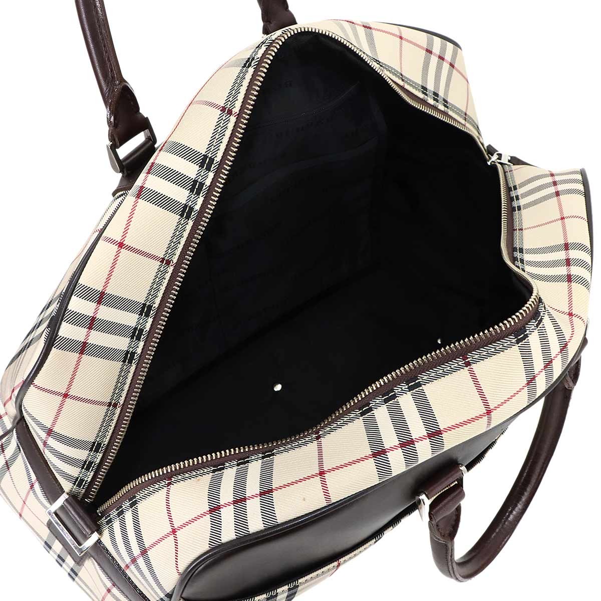 Plaid Boston Shoulder Bag Canvas Leather Beige Brown