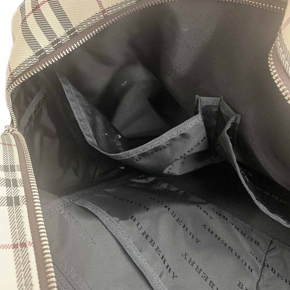 Plaid Boston Shoulder Bag Canvas Leather Beige Brown