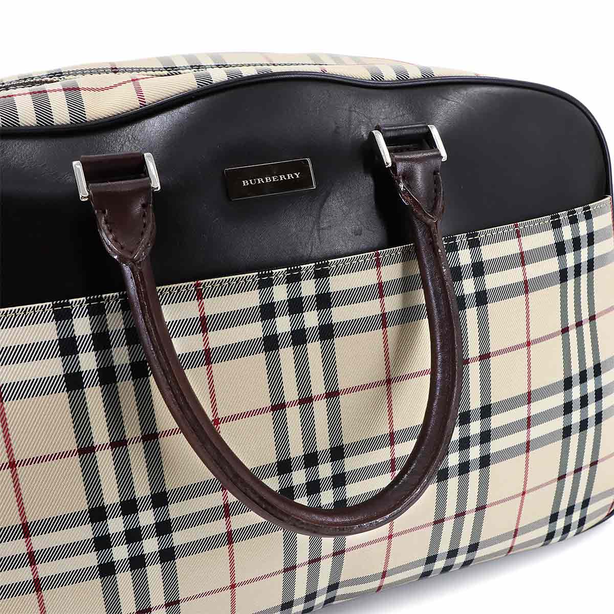 Plaid Boston Shoulder Bag Canvas Leather Beige Brown