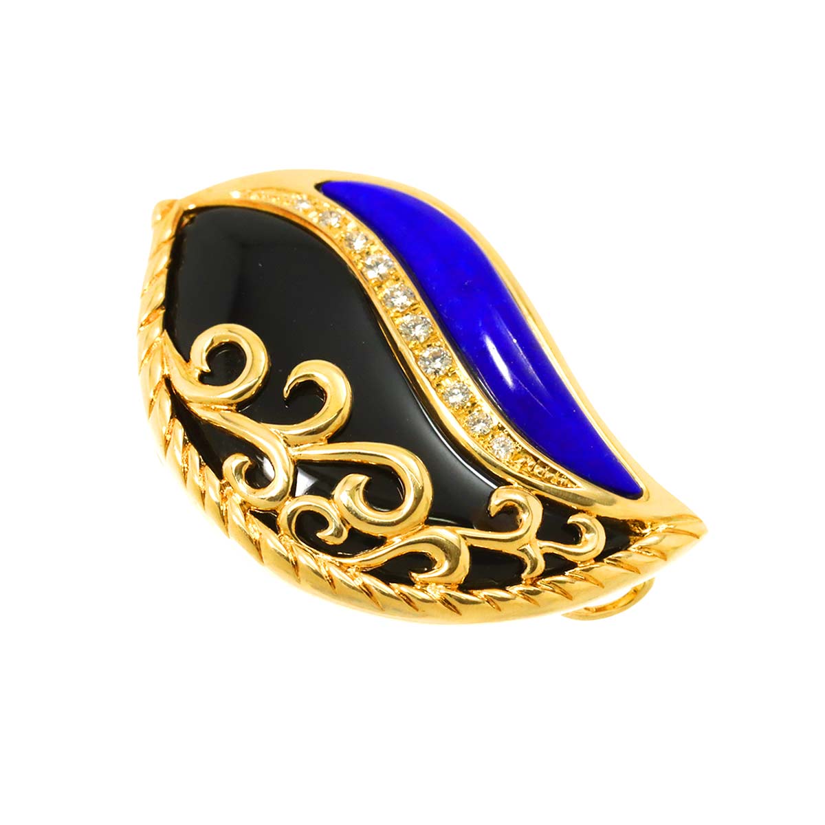 Onyx Lapis Lazuli Diamond 0.15ct Brooch Pendant Top 18K YG 750