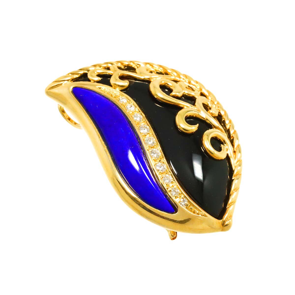 Onyx Lapis Lazuli Diamond 0.15ct Brooch Pendant Top 18K YG 750