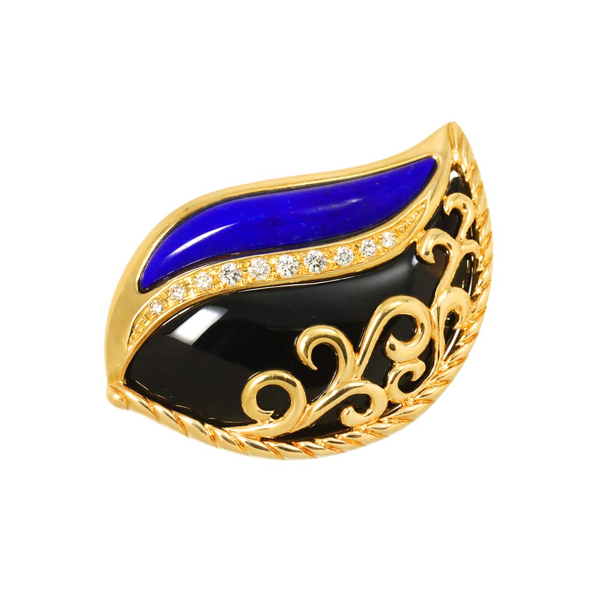 Onyx Lapis Lazuli Diamond 0.15ct Brooch Pendant Top 18K YG 750