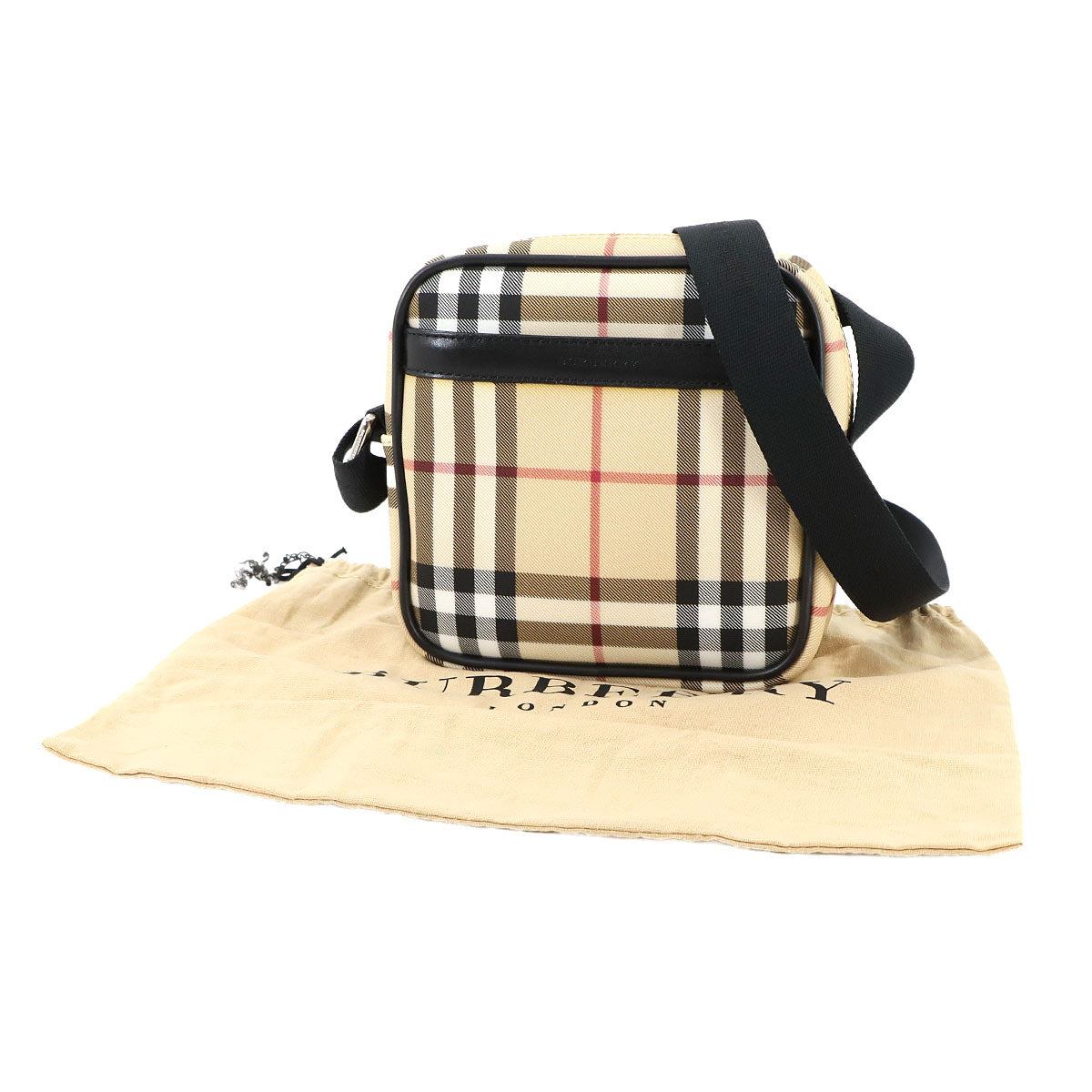 Plaid Shoulder Bag PVC Leather Canvas Beige Black Purse