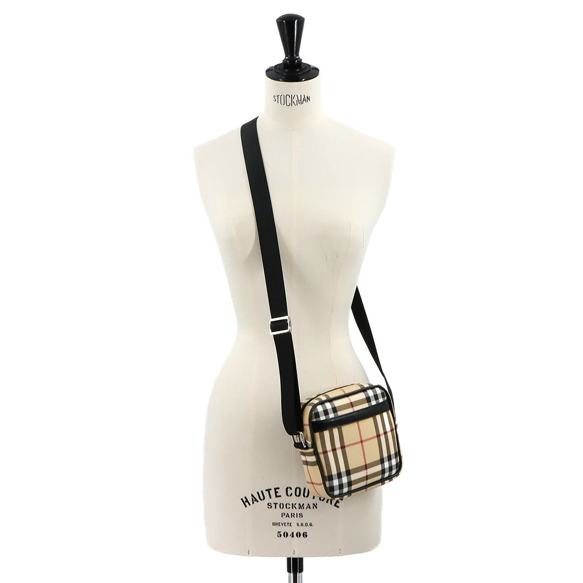 Plaid Shoulder Bag PVC Leather Canvas Beige Black Purse