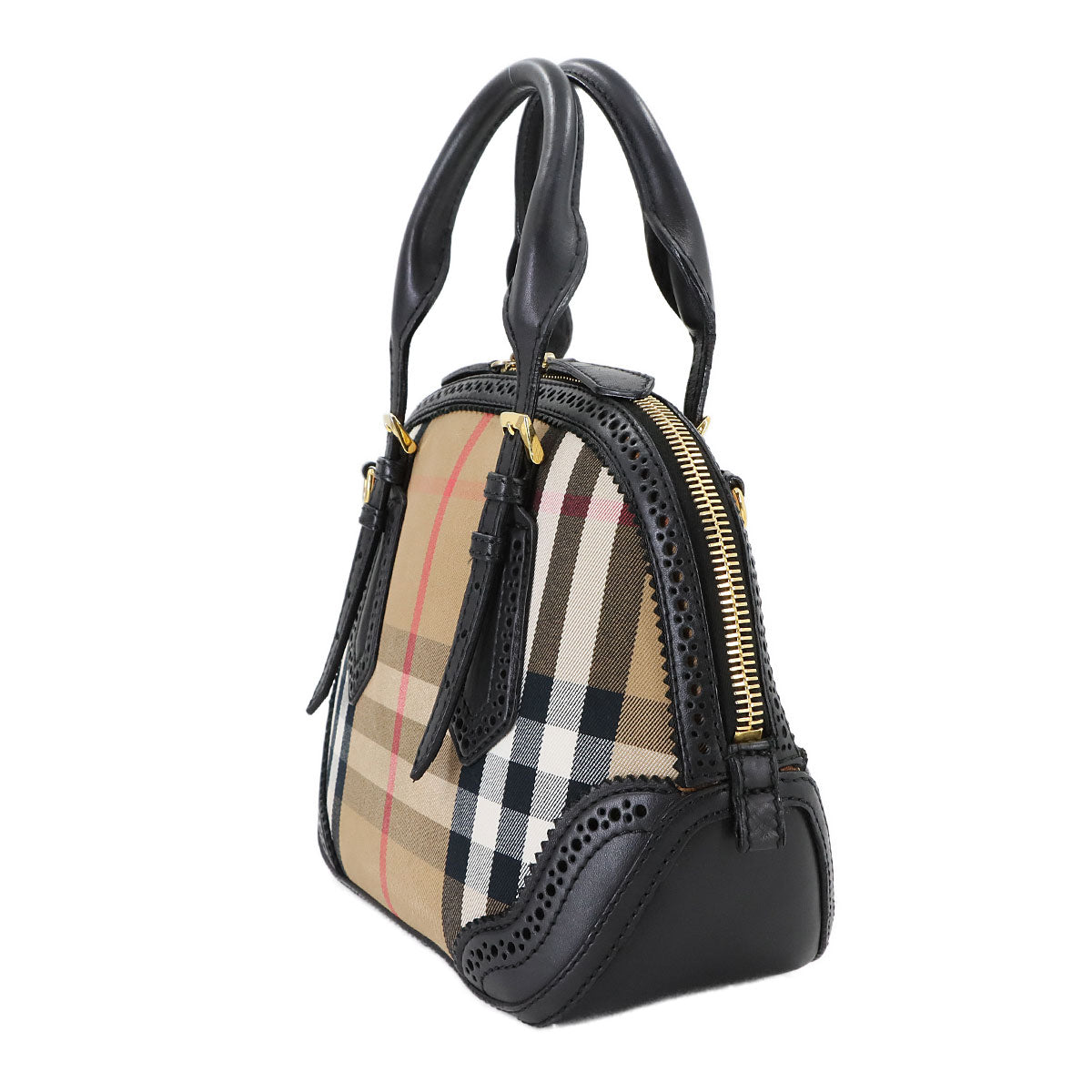 Plaid Hand Shoulder Bag Canvas Leather Beige Black 3885821
