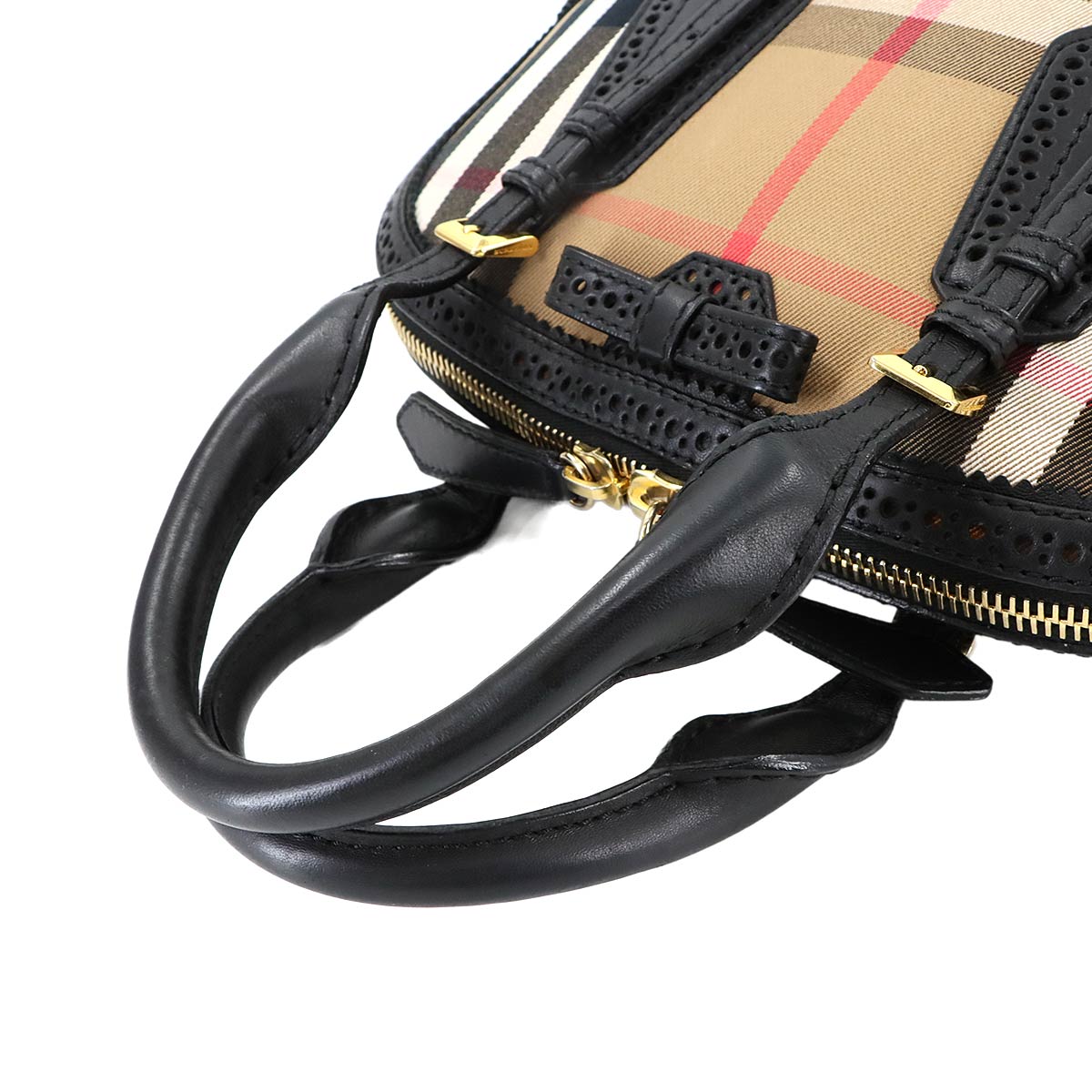 Plaid Hand Shoulder Bag Canvas Leather Beige Black 3885821