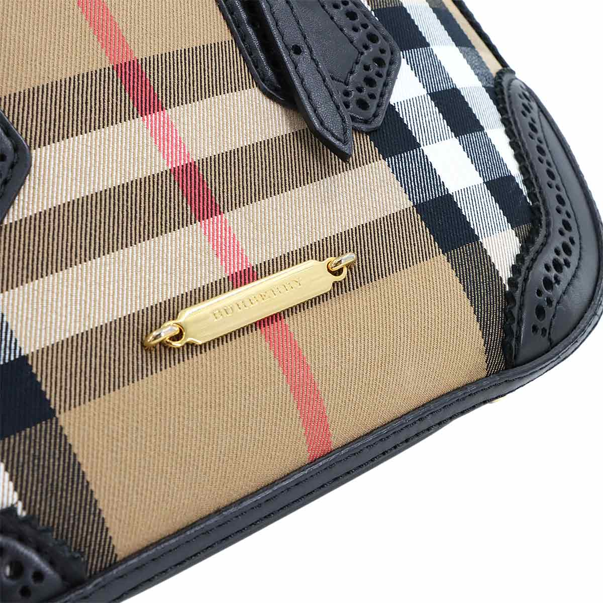 Plaid Hand Shoulder Bag Canvas Leather Beige Black 3885821