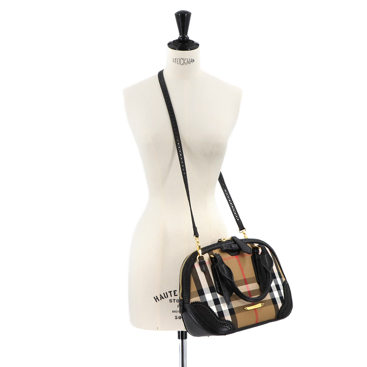 Plaid Hand Shoulder Bag Canvas Leather Beige Black 3885821