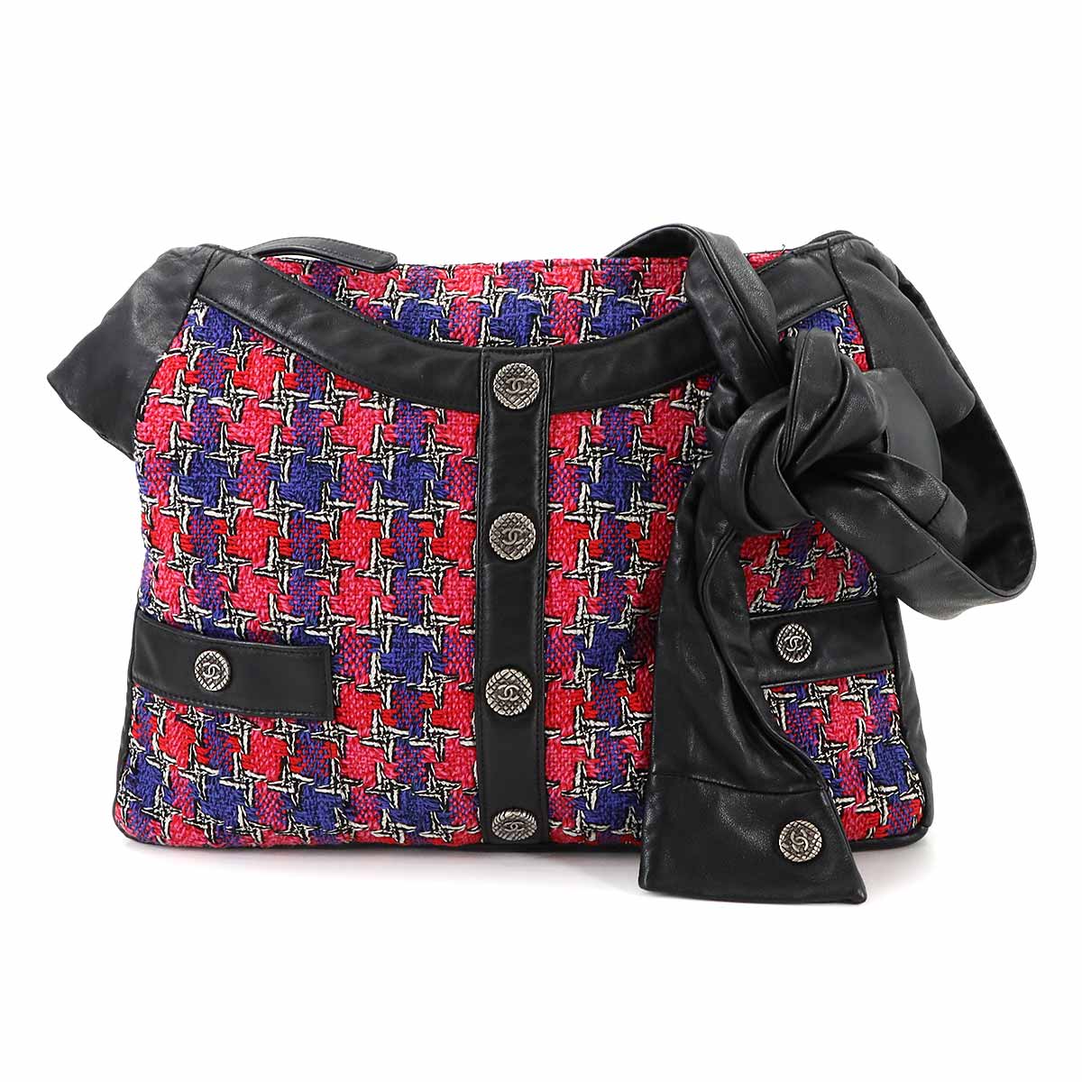 Girlchanel Shoulder Bag Tweed Leather Multicolor Black A90766
