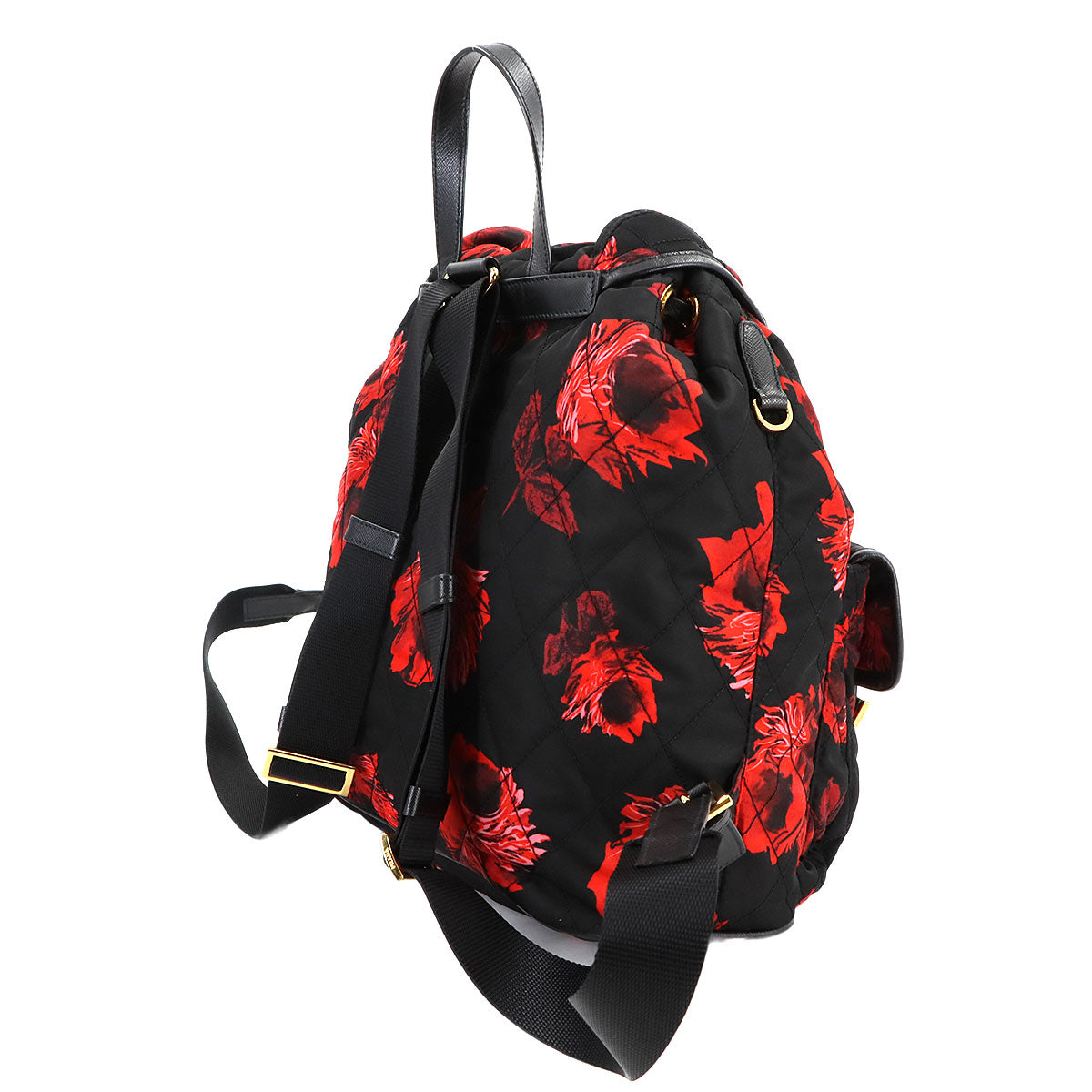 Backpack Nylon Saffiano Leather Black Flower Print 1BZ811