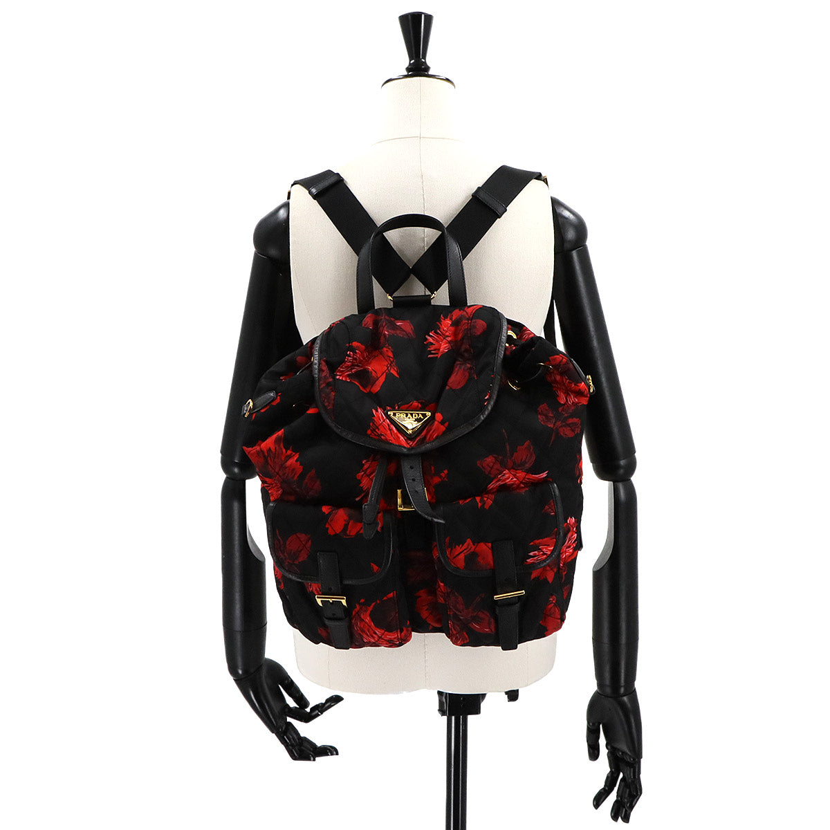 Backpack Nylon Saffiano Leather Black Flower Print 1BZ811