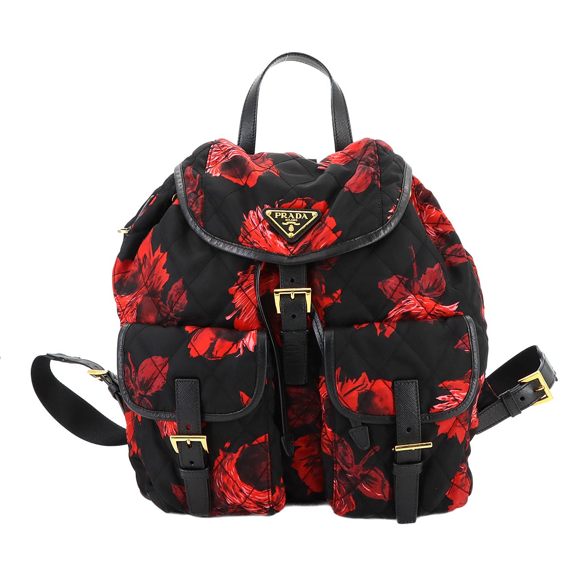 Backpack Nylon Saffiano Leather Black Flower Print 1BZ811