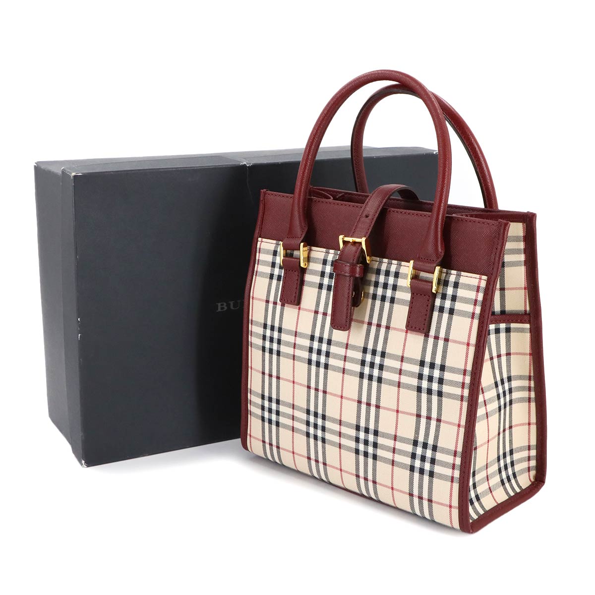 Plaid Hand Bag Canvas Leather Beige Bordeaux Purse