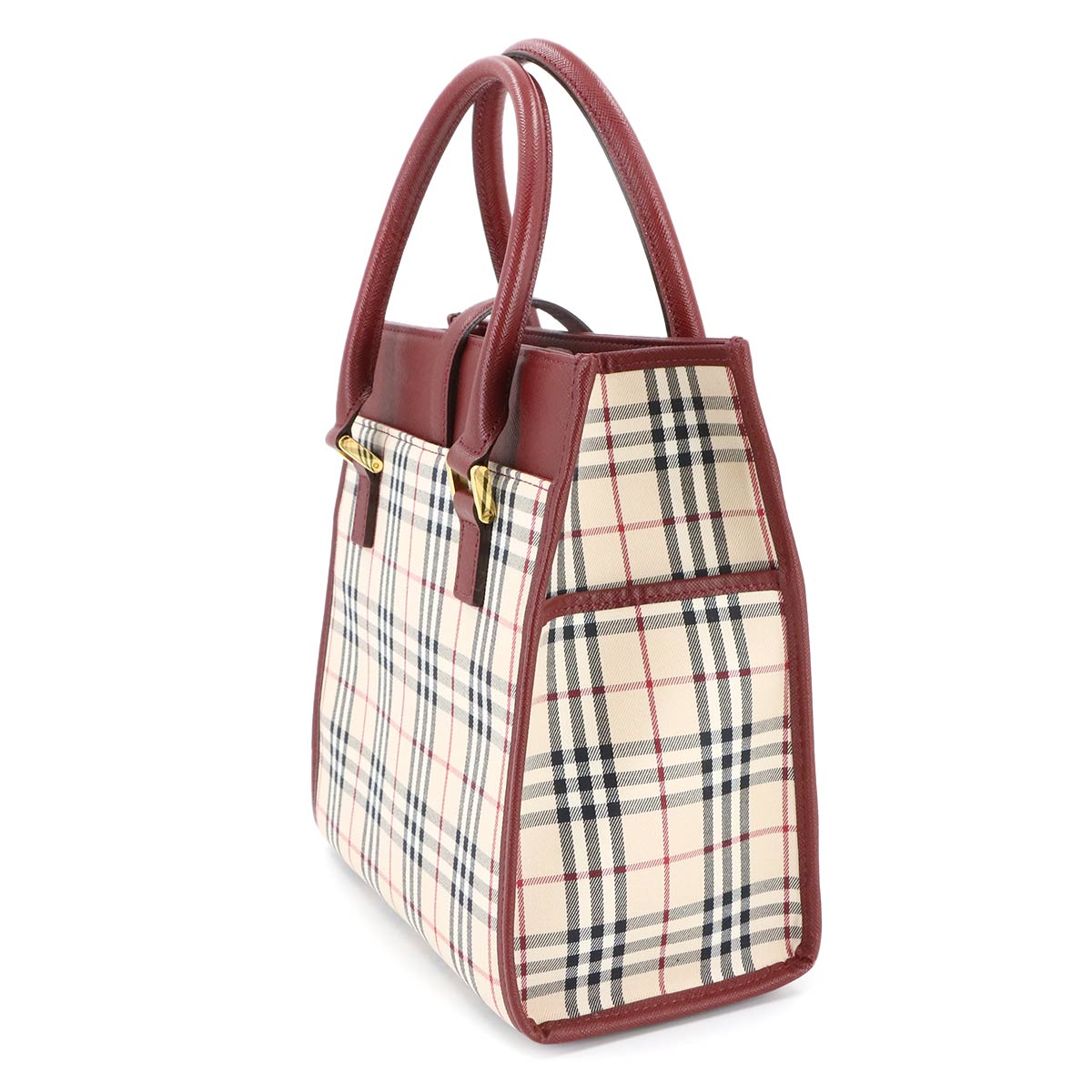 Plaid Hand Bag Canvas Leather Beige Bordeaux Purse