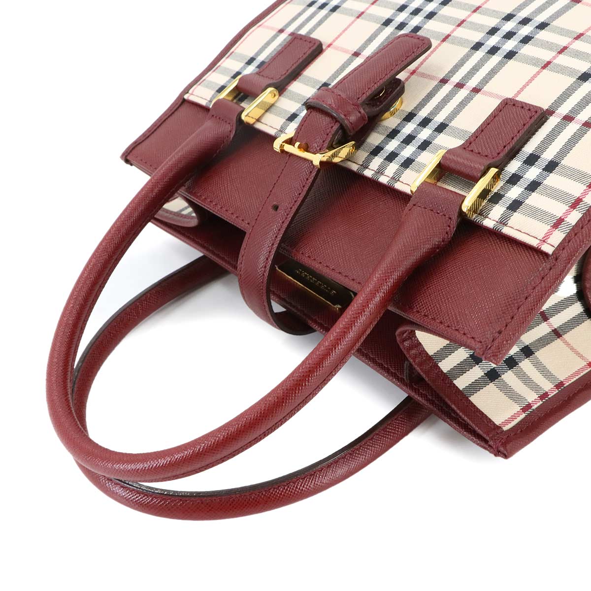 Plaid Hand Bag Canvas Leather Beige Bordeaux Purse