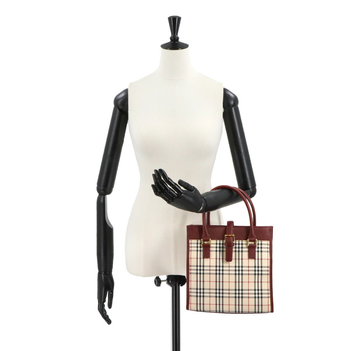 Plaid Hand Bag Canvas Leather Beige Bordeaux Purse