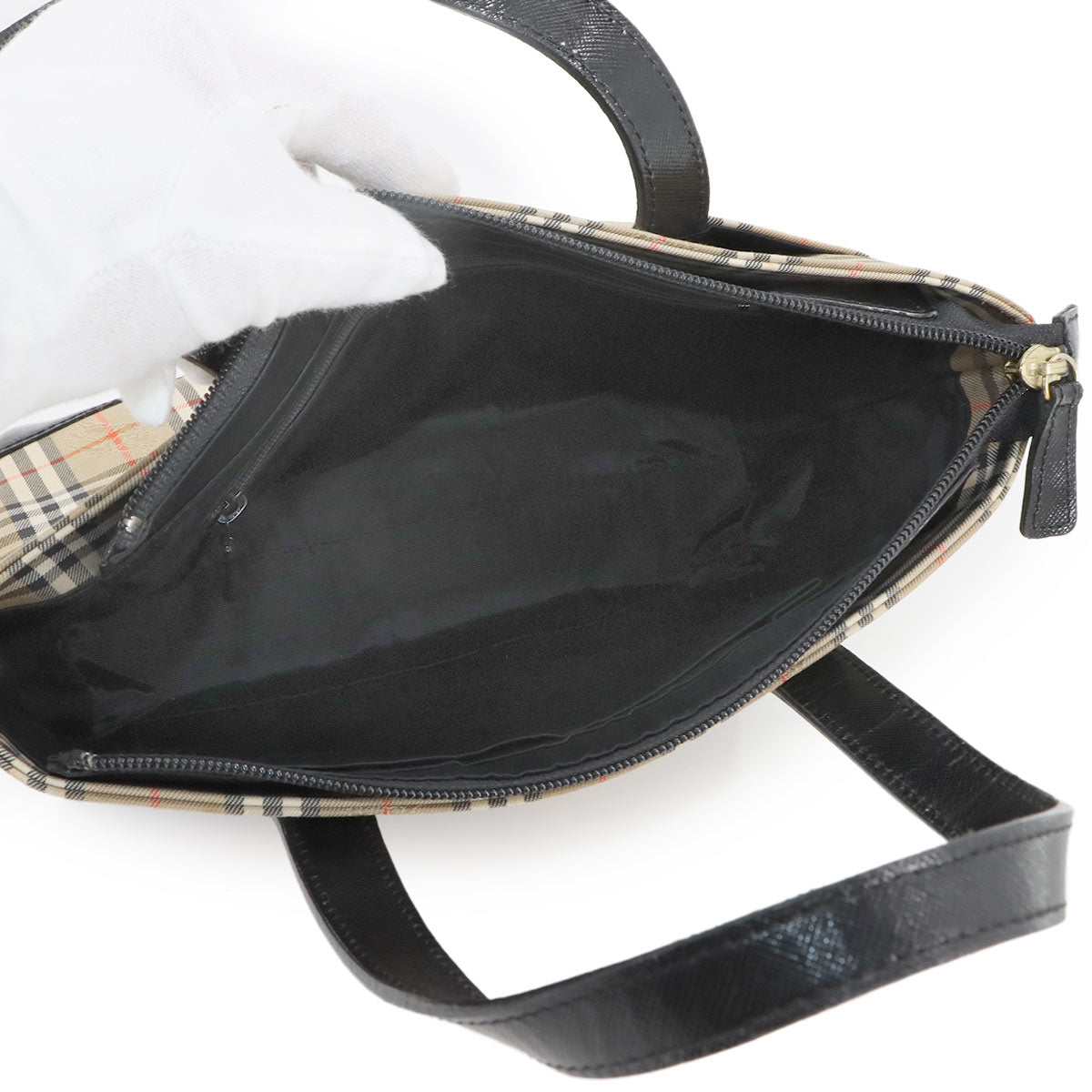 Plaid Small Hand Bag Canvas Leather Beige Black Haymarket