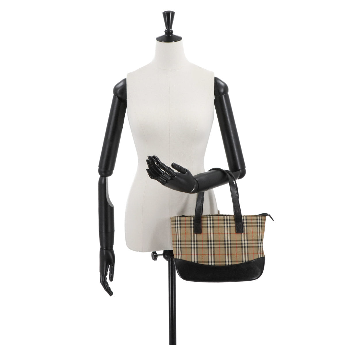 Plaid Small Hand Bag Canvas Leather Beige Black Haymarket