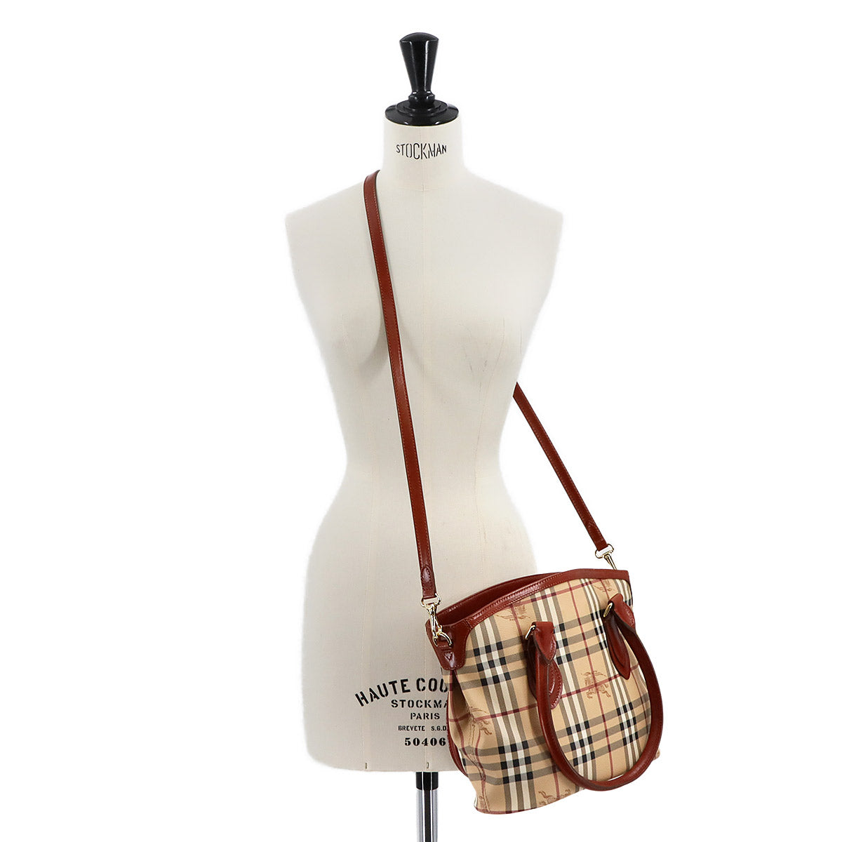 Plaid Hand Shoulder Bag PVC Leather Beige Brown