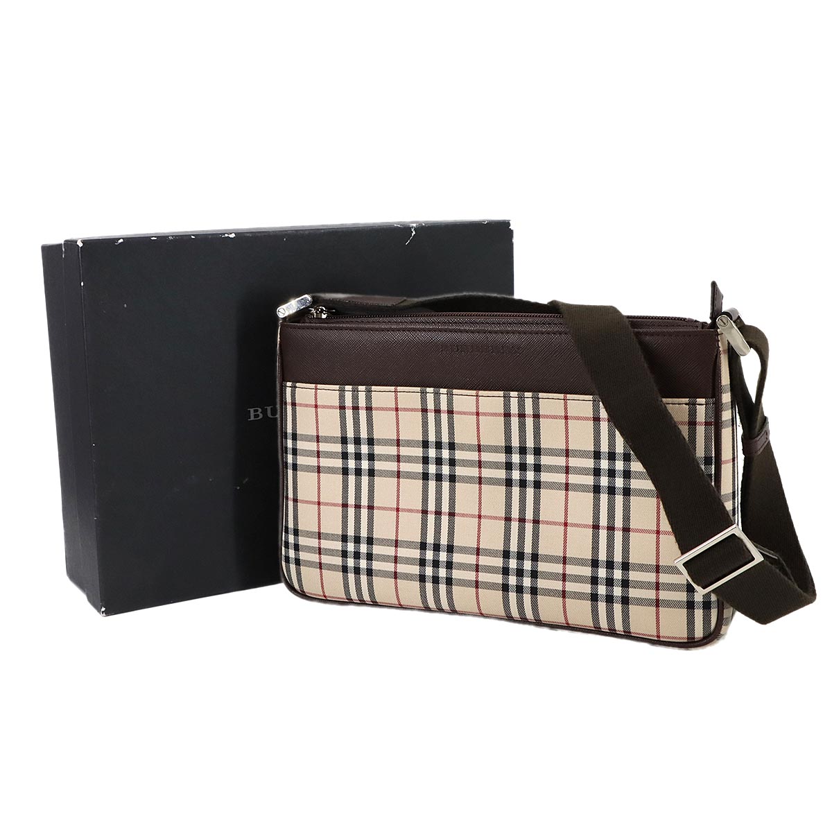 Plaid Shoulder Bag Canvas Leather Beige Brown Purse