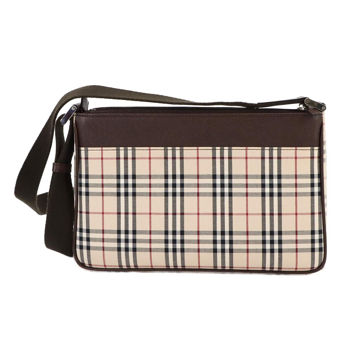 Plaid Shoulder Bag Canvas Leather Beige Brown Purse