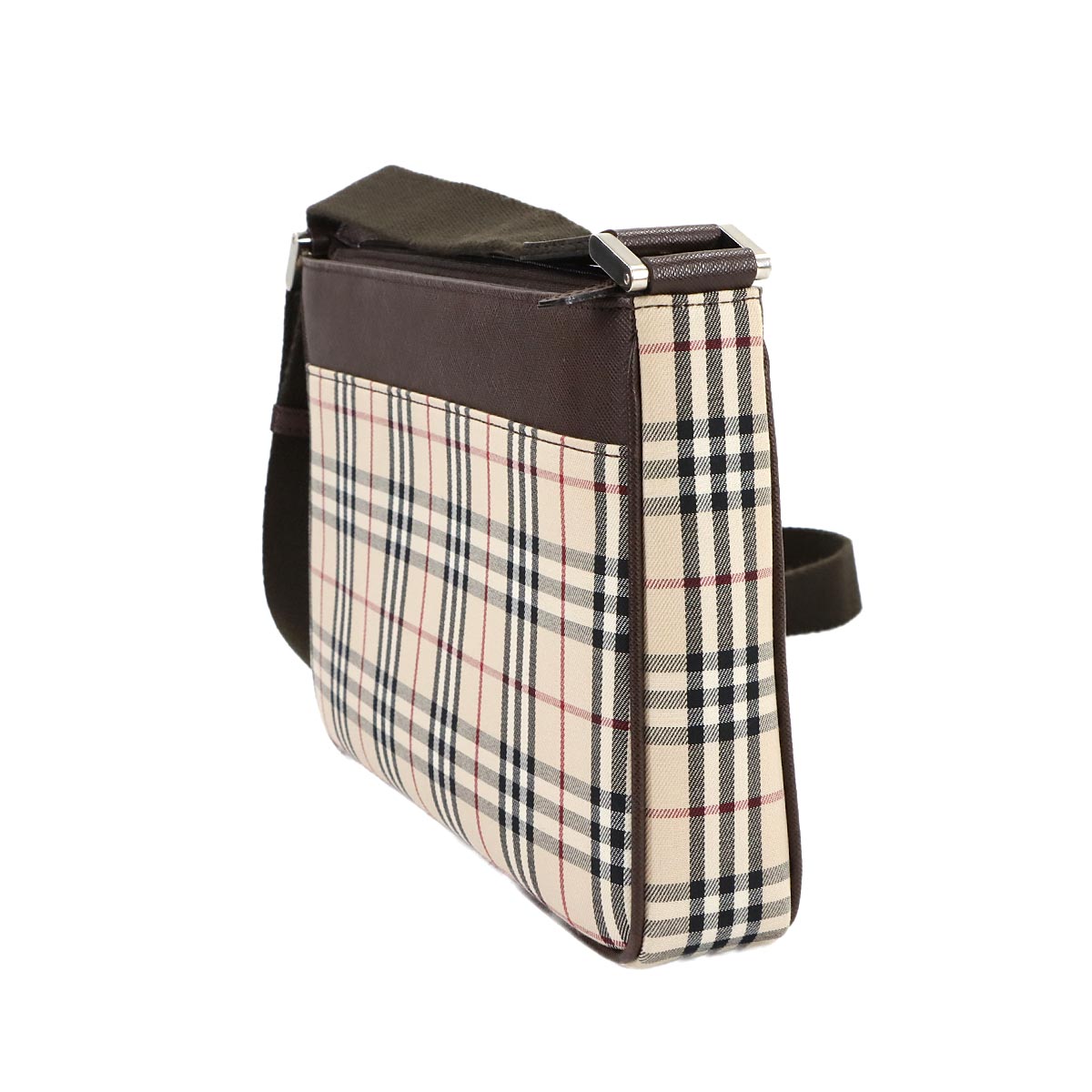 Plaid Shoulder Bag Canvas Leather Beige Brown Purse