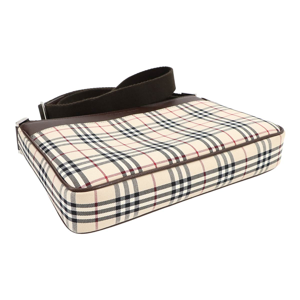 Plaid Shoulder Bag Canvas Leather Beige Brown Purse