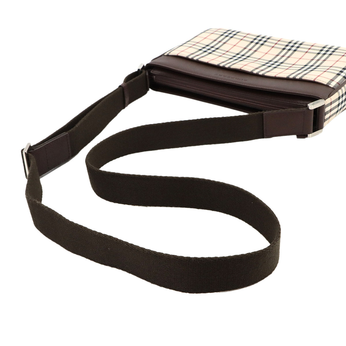 Plaid Shoulder Bag Canvas Leather Beige Brown Purse