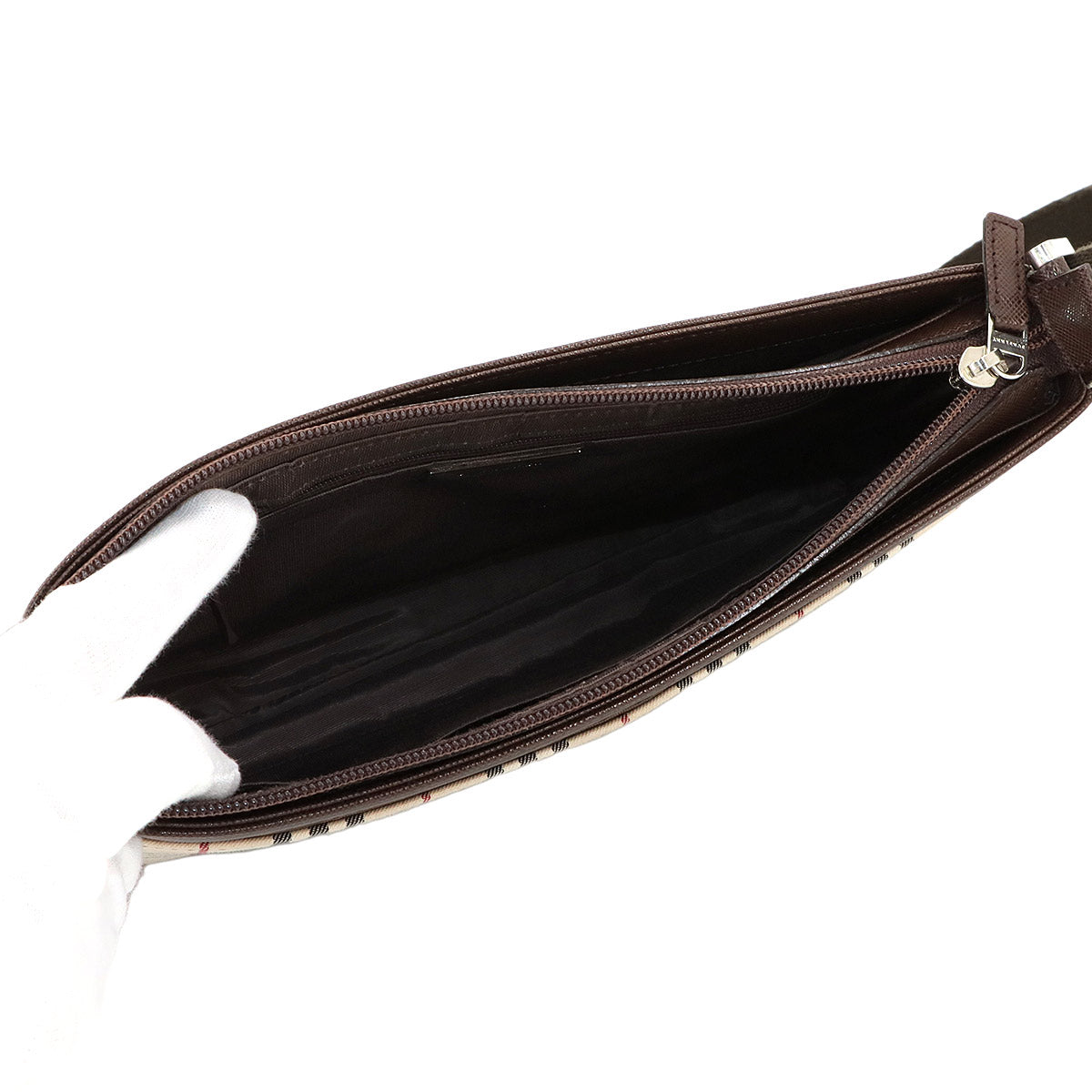 Plaid Shoulder Bag Canvas Leather Beige Brown Purse