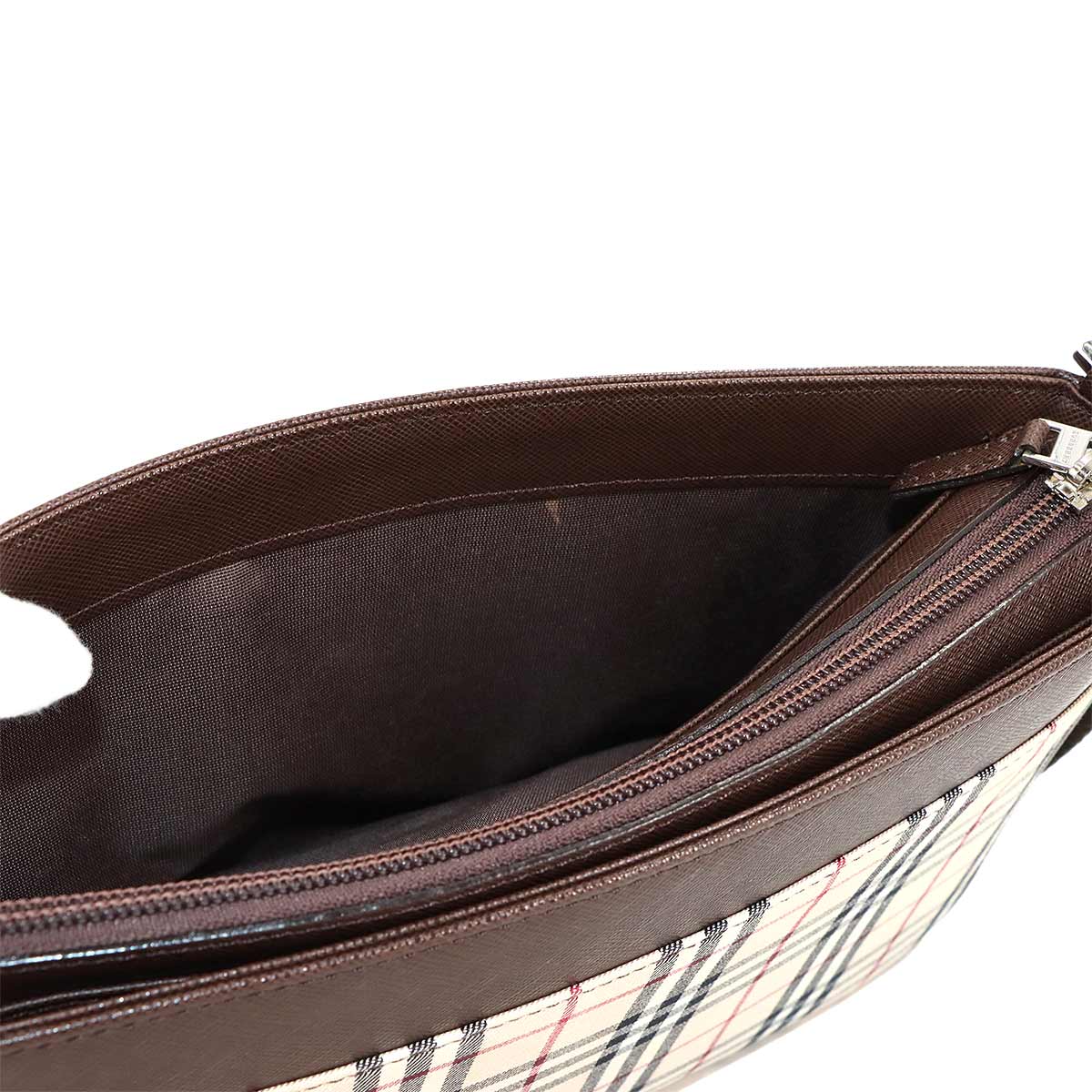 Plaid Shoulder Bag Canvas Leather Beige Brown Purse