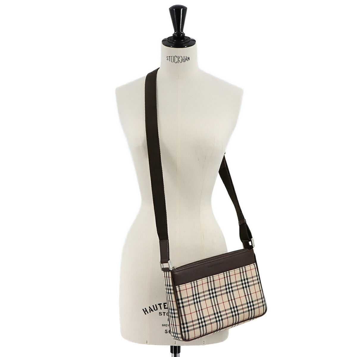 Plaid Shoulder Bag Canvas Leather Beige Brown Purse