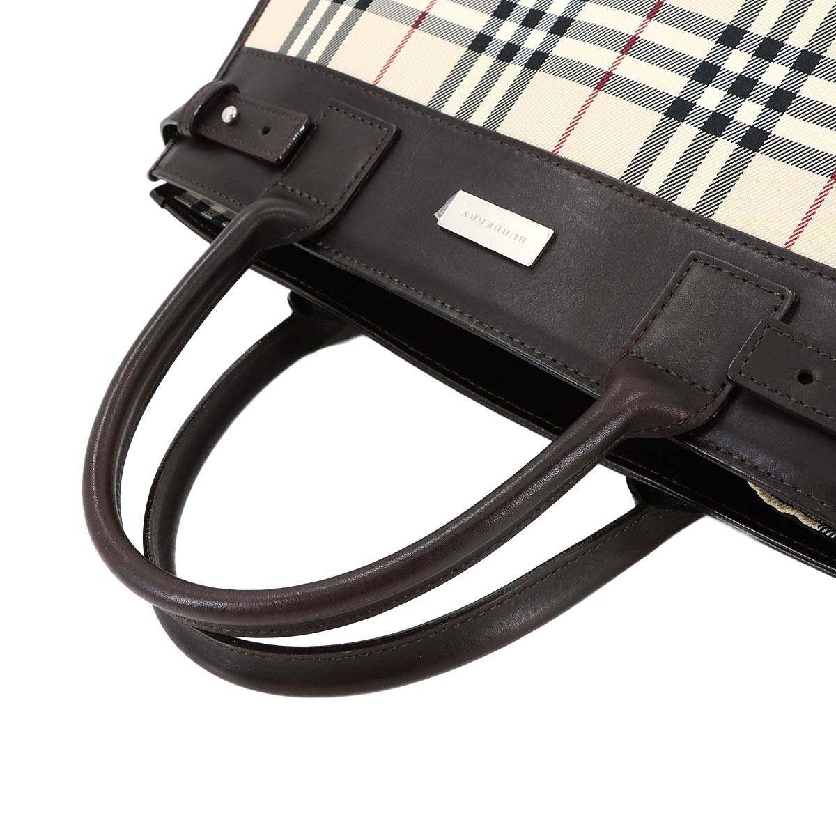 Nova check Tote Shoulder Bag Canvas Leather Beige Brown Purse