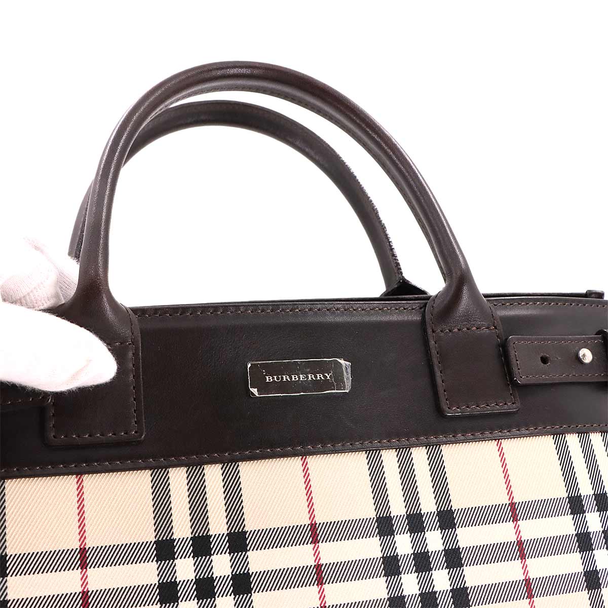 Nova check Tote Shoulder Bag Canvas Leather Beige Brown Purse