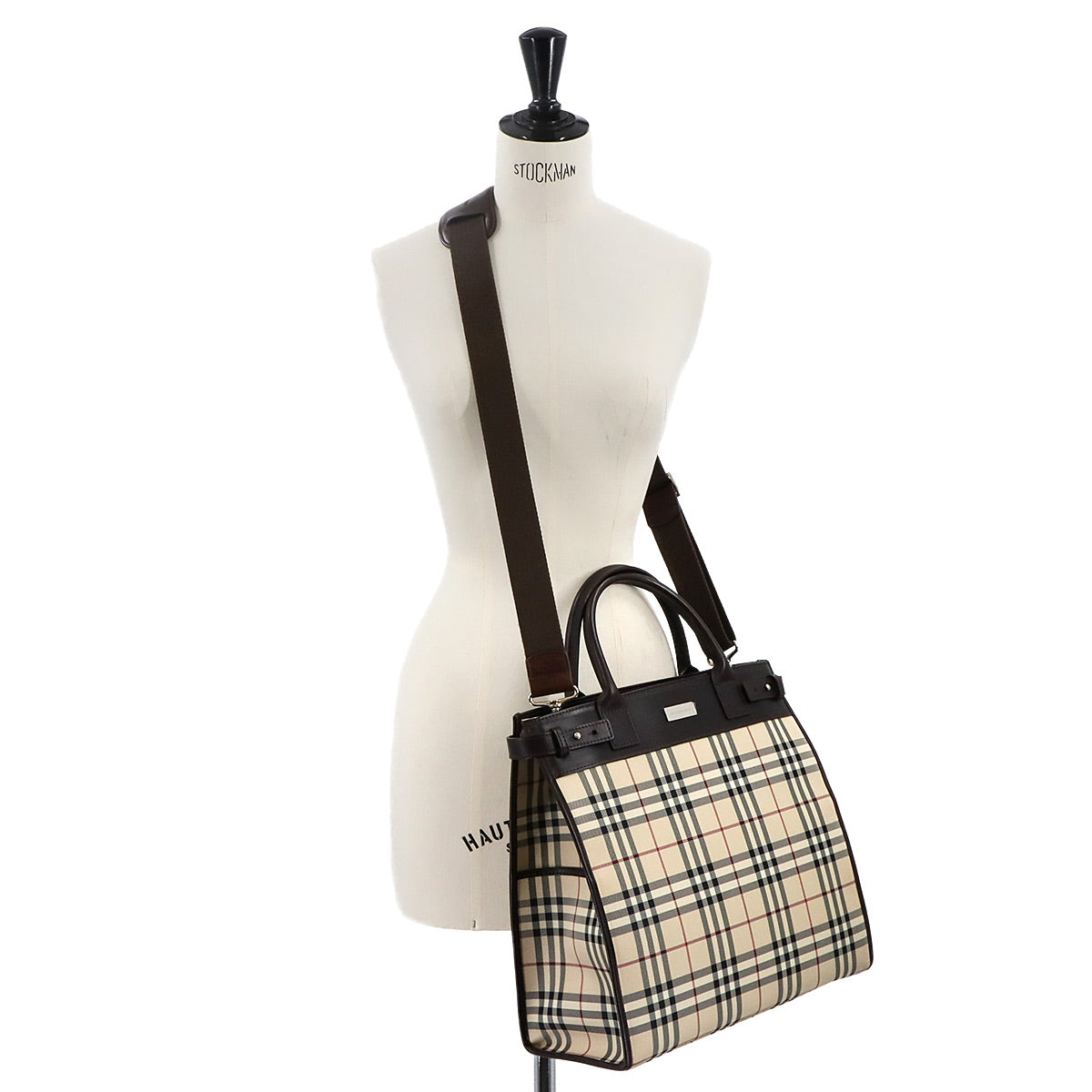 Nova check Tote Shoulder Bag Canvas Leather Beige Brown Purse