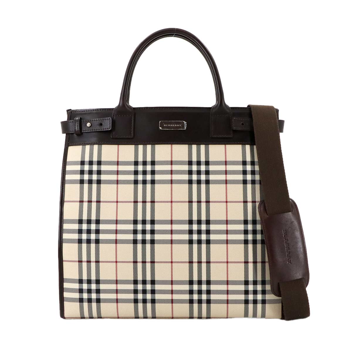 Nova check Tote Shoulder Bag Canvas Leather Beige Brown Purse