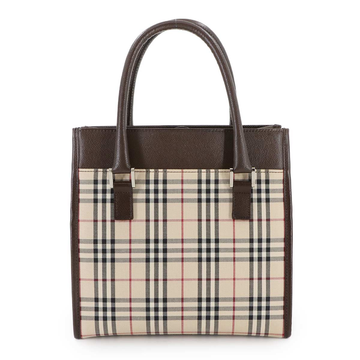 Plaid Hand Bag Canvas Leather Beige Brown Purse