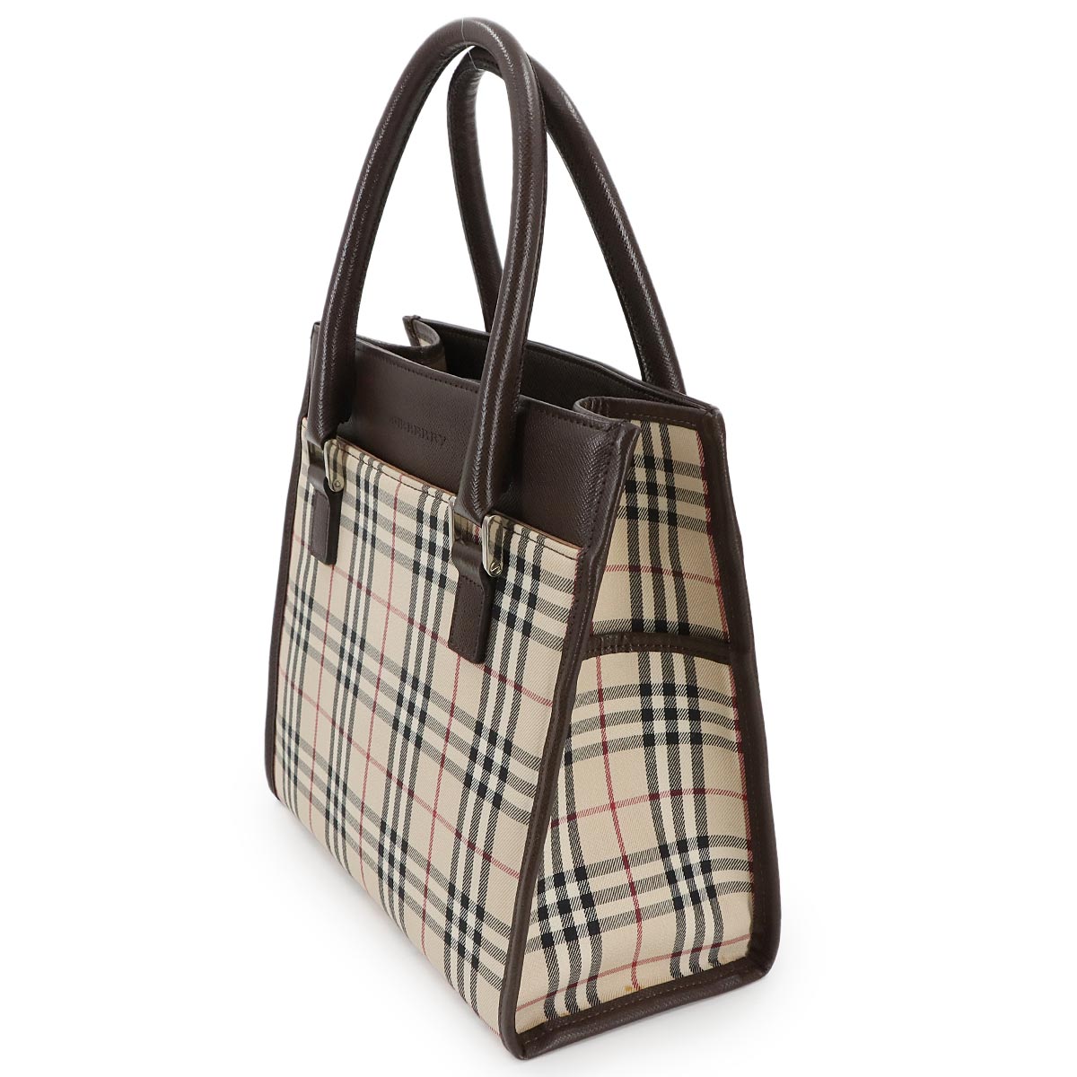Plaid Hand Bag Canvas Leather Beige Brown Purse